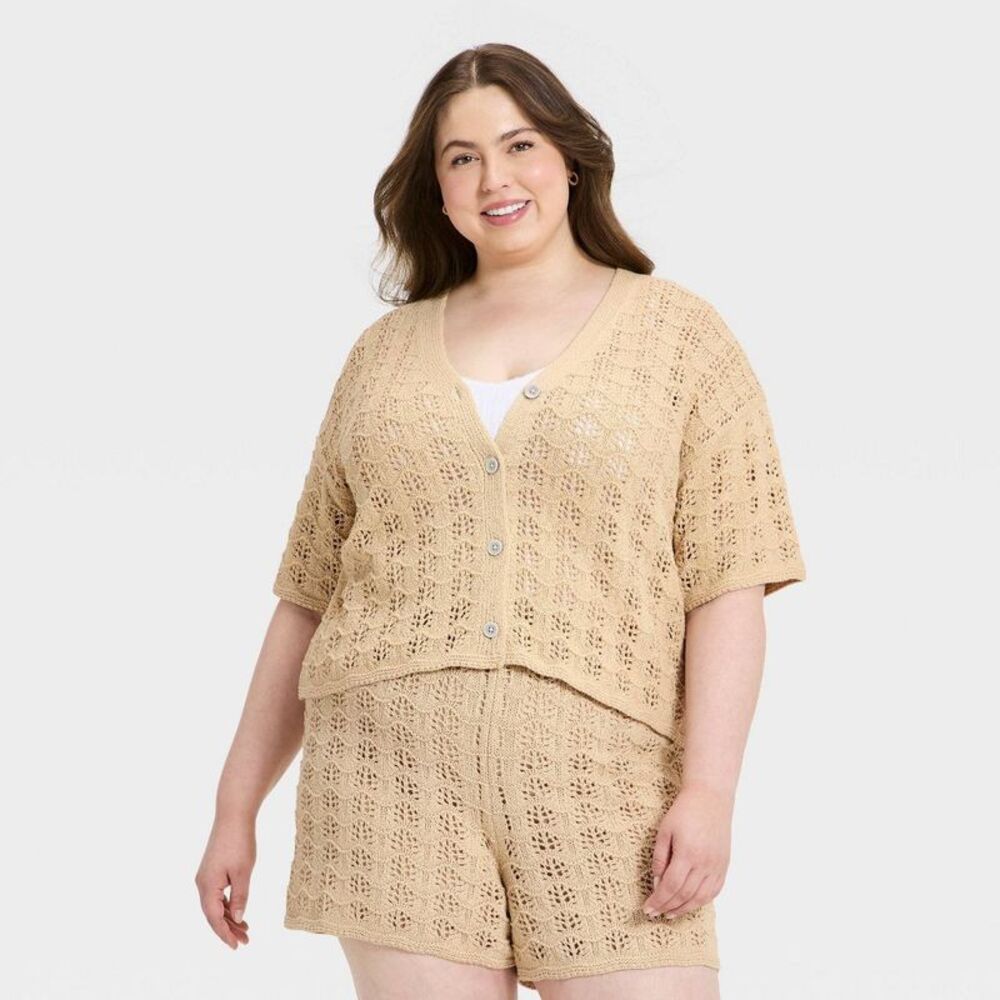 Women's Short Sleeve Cardigan Sweater - Universal Thread Tan 3X